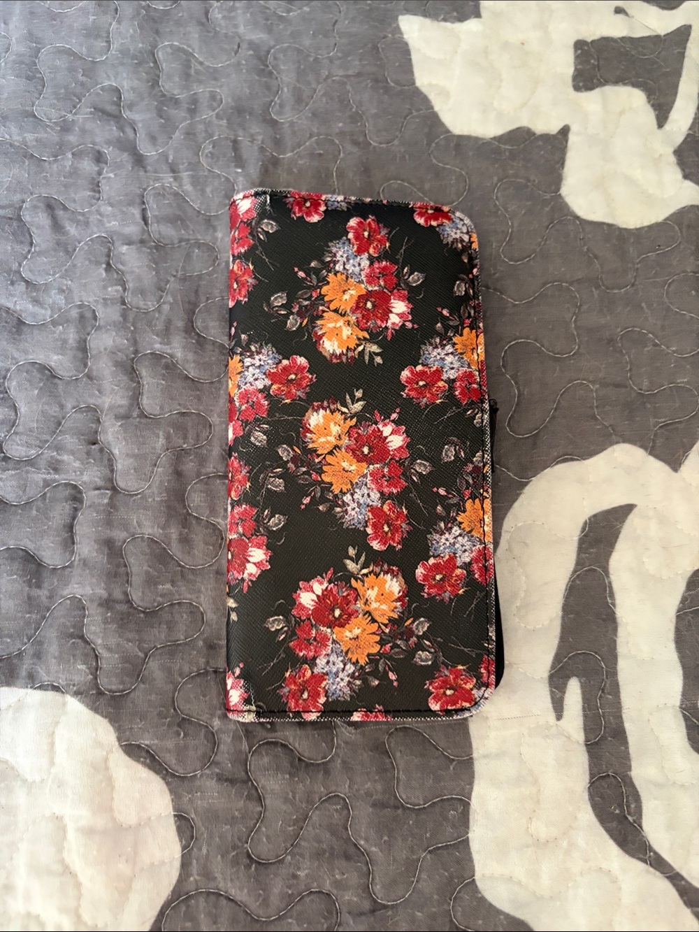 Floral Black Wallet-Style Phone Case with Red & Orange Flowers